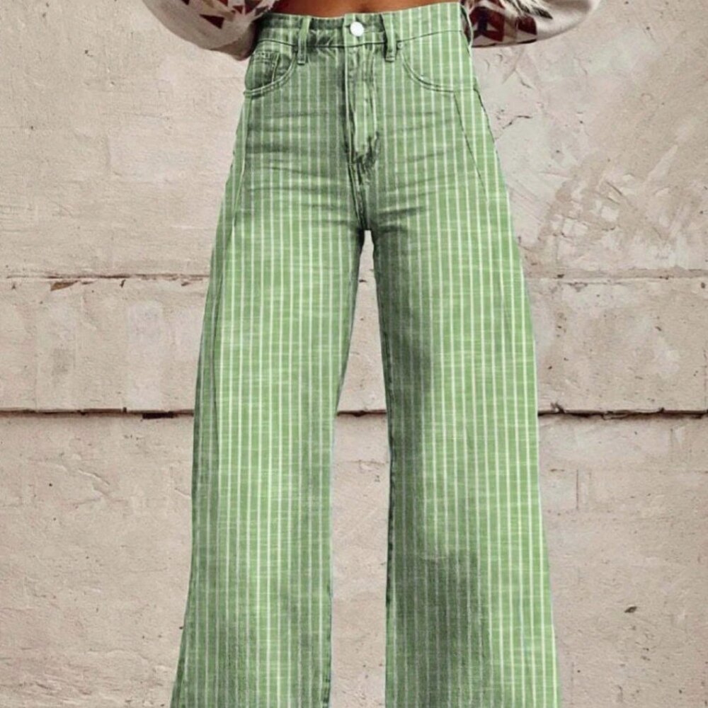 Green Casual Women's Long Wide Striped Denim Jeans
